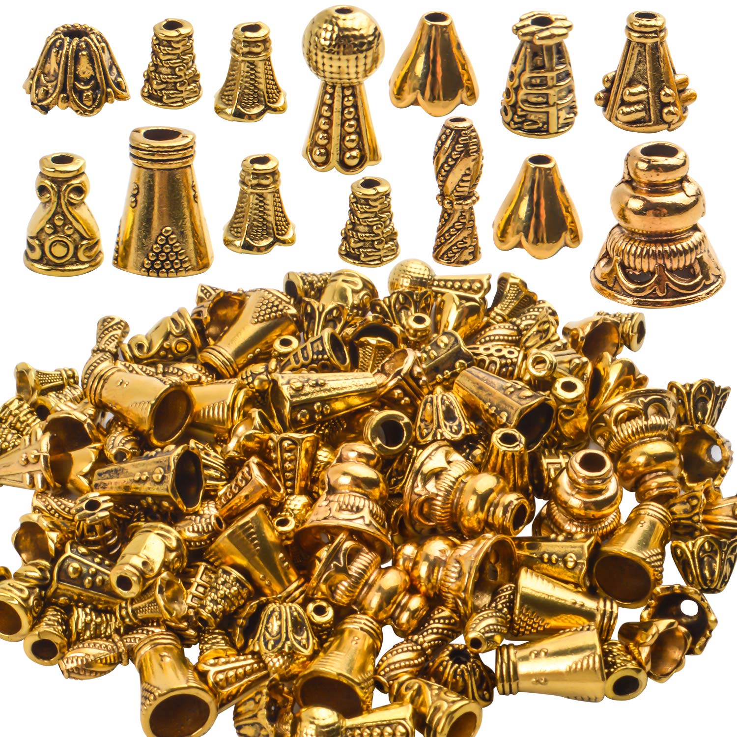 Photo 1 of 100 Gram (About 110-150pcs) Antique Gold Cone Bead Caps Flower End Caps Tassel End Cap for Jewelry Making Crafts DIY