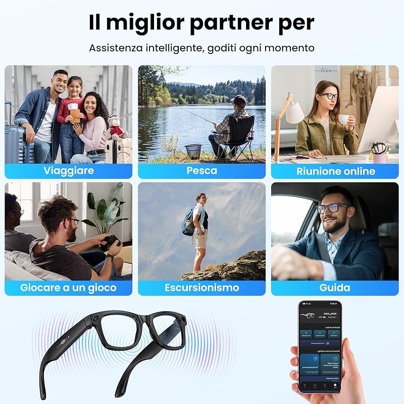 Occhiali con Telecamera 8MP, Smart Glasses Ai con Chiamate Bluetooth & WIFI, Occhiali Intelligenti con Traduzione AI in Tempo Reale/Riconoscimento di Oggetti, Lenti Fotocromatiche + Lenti Blu