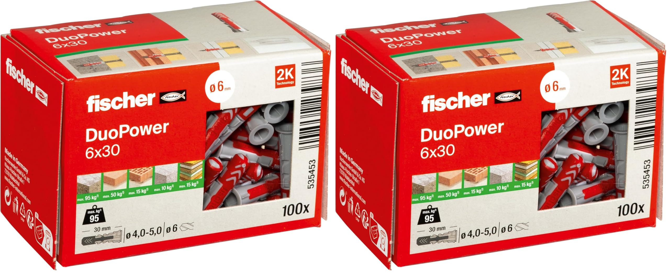fischer DuoPower 6 x 30, Powerful Universal Plug with Intelligent 2-Component Technology for fastenings in Concrete, Bricks, Gypsum plasterboard, chipboard, etc., 100 Plugs Without Screws (Pack of 2)