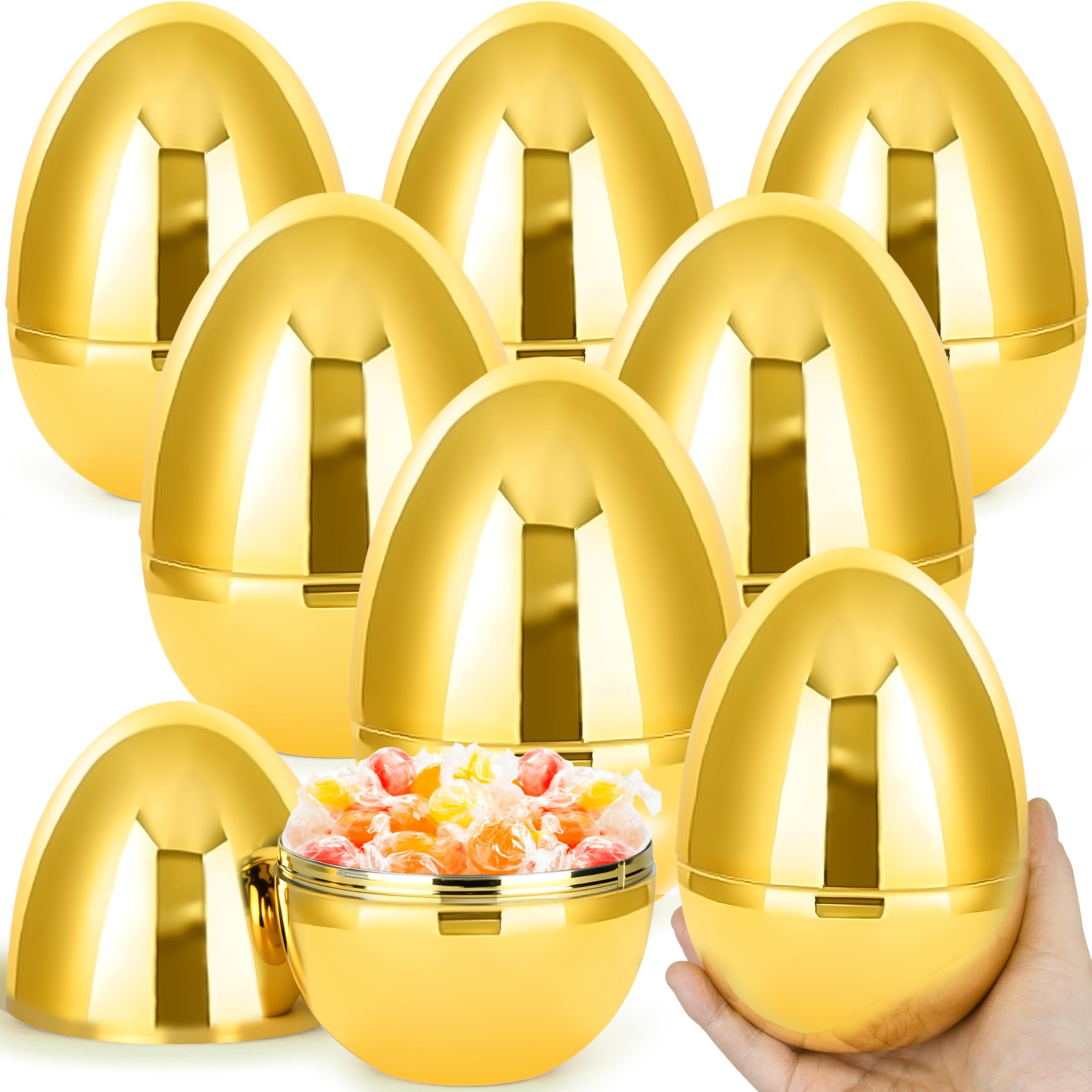 Octeric 6 Pcs 6" Jumbo Golden Easter Eggs, Fillable Shiny Metallic Plastic Eggs for Filling Treats Toys Gift Baskets Filler Stuffers, Easter Hunt Decor, Party Favor, Classroom Prize Supplies