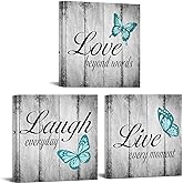 Conipit Teal Butterfly Canvas Wall Art Live Love Laugh Art Teal and Grey Pictures Wall Decor Inspirational Painting for Modern Home Decor 12" L x 12" W x 3pcs
