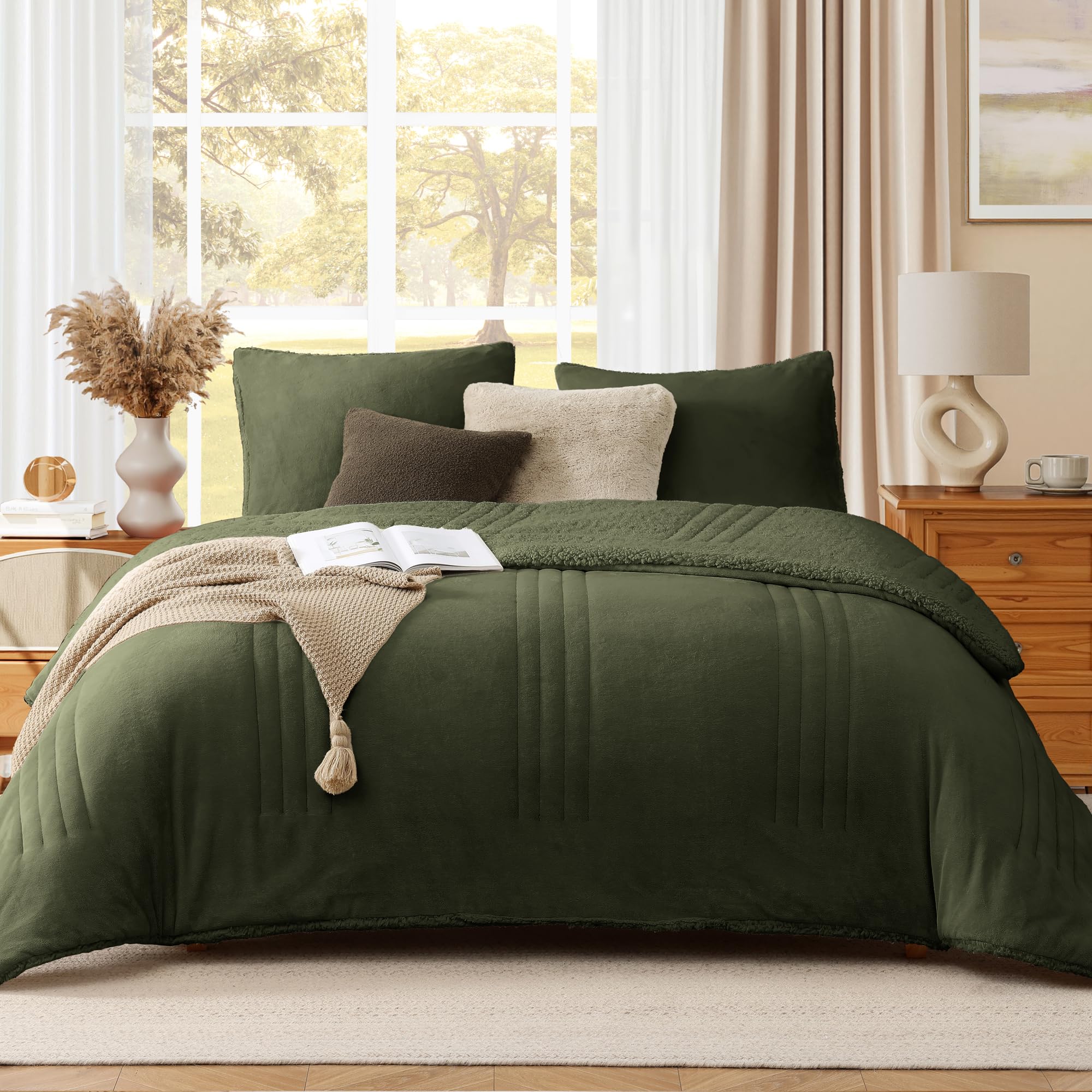 Photo 1 of Monbix Fluffy Queen Comforter Set Olive Green, Sherpa Plush Fuzzy Comforter 3 Piece for Queen Size Bed, Luxury Soft Winter Warm Bedding Set
