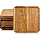 Didaey 6 Pcs Acacia Wood Square Plates 10" Wooden Plates Serving Trays for Meal Dishes Snack Dessert, Easy Cleaning and Lightweight, Not Dishwasher