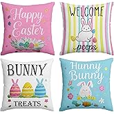 YOSICHY Easter Pillow Covers 18 x 18 Inch,Easter Decorations for Home,Set of 4 Happy Easter Hunny Bunny Pink Blue Decorative Throw Pillow Covers Spring Farmhouse Decor
