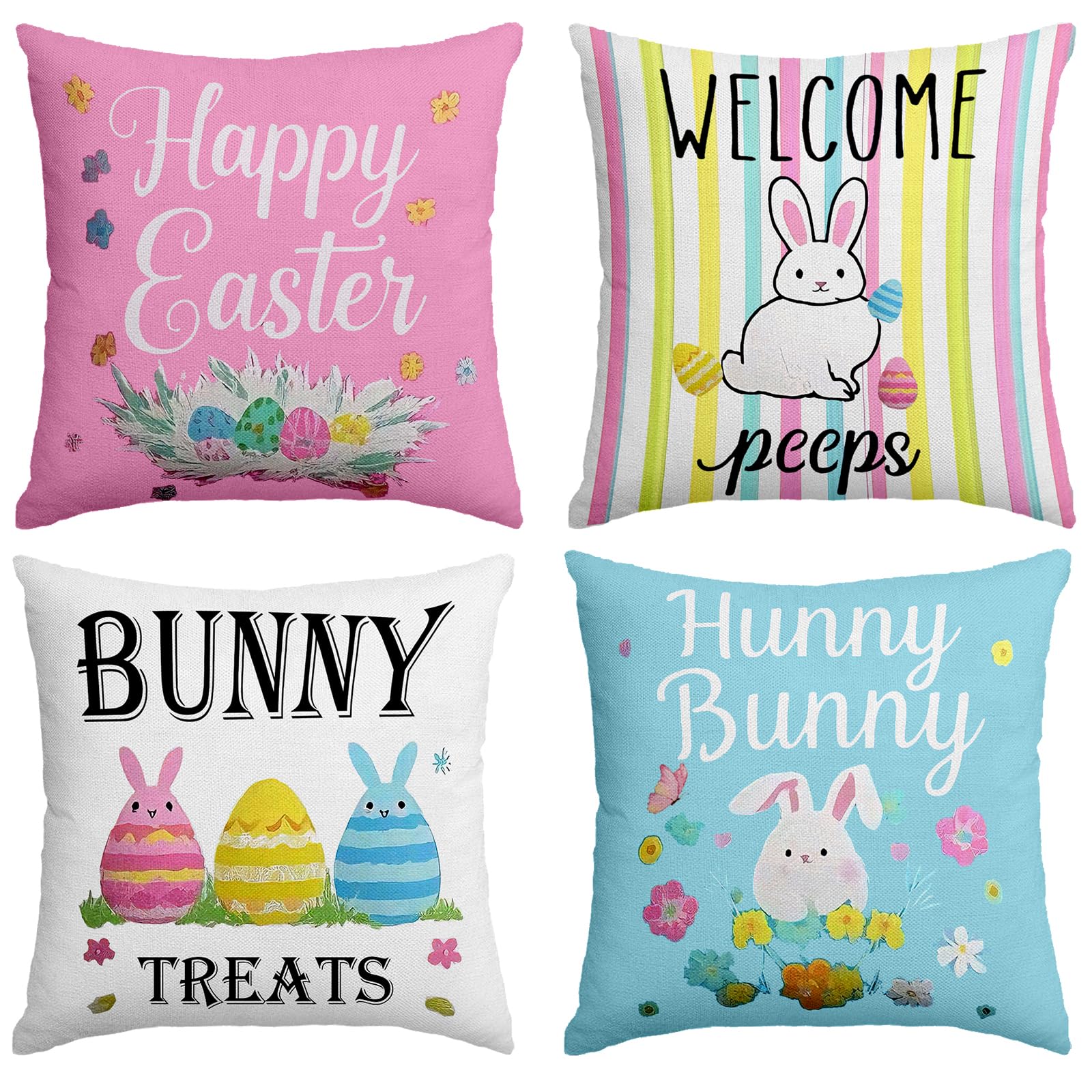 YOSICHY Easter Pillow Covers 18 x 18 Inch,Easter Decorations for Home,Set of 4 Happy Easter Hunny Bunny Pink Blue Decorative Throw Pillow Covers Spring Farmhouse Decor