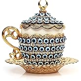 Alisveristime Turkish Coffee Cup Set - Authentic Turkish Greek Arabic Coffee Espresso Cup with Saucer (Enhance Your Coffee Experience Now!) (1 Pc) (Evil Eye Gelincik Design) (Gold)
