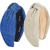 BEGOOD Headbands for Women Glitter Knotted Wide Headbands Fashion Womens Knot Hairbands Sparkly Turban Head Bands Hair Accessories for Girls Blue and Beige