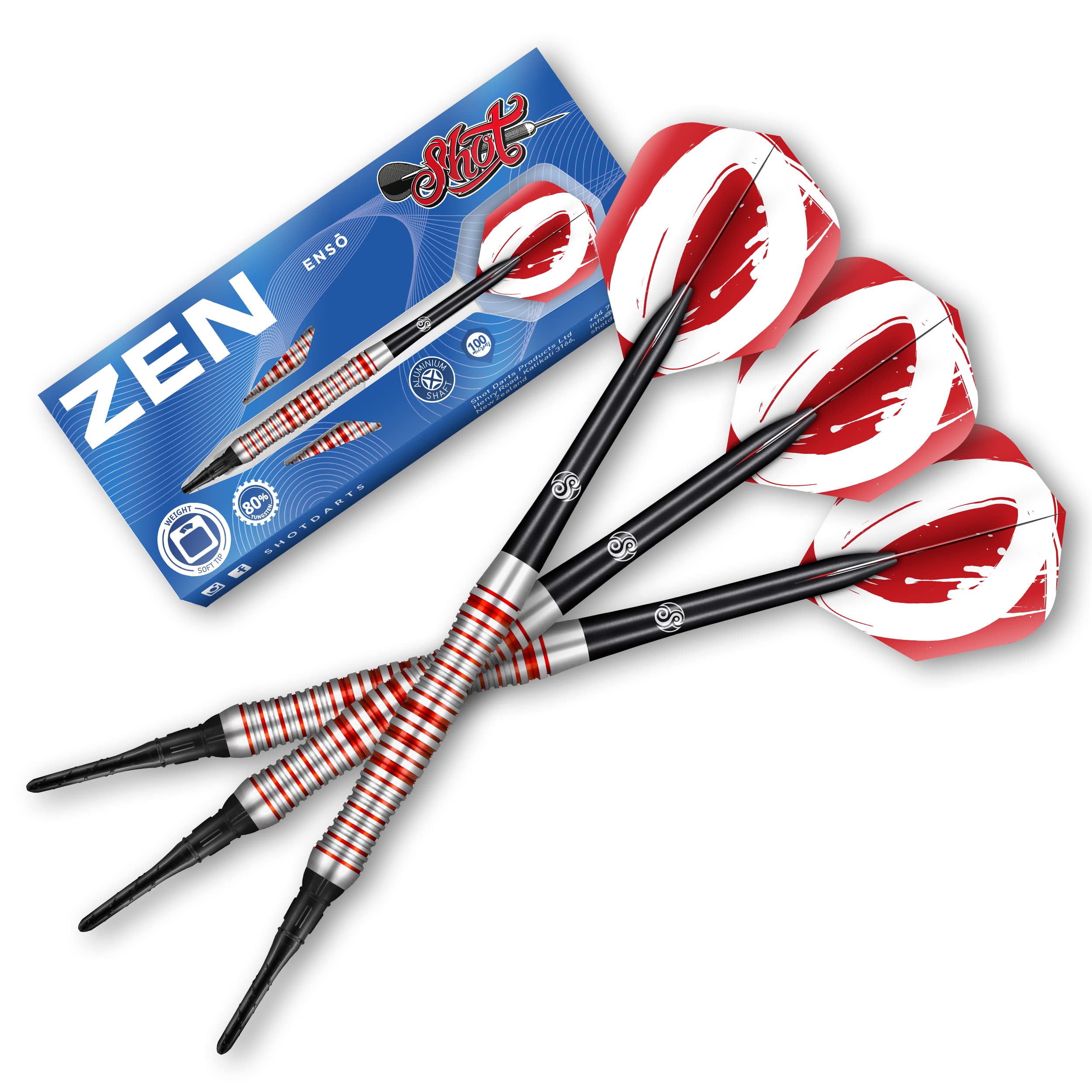 Shot! Zen Enso Soft Tip Dart Set 80% Tungsten Pro Throwing Darts Soft Tip Set, Professional – Made in New Zealand – Designed Dart Flights for Women & Men – Plastic Tip Bar Darts for Adults