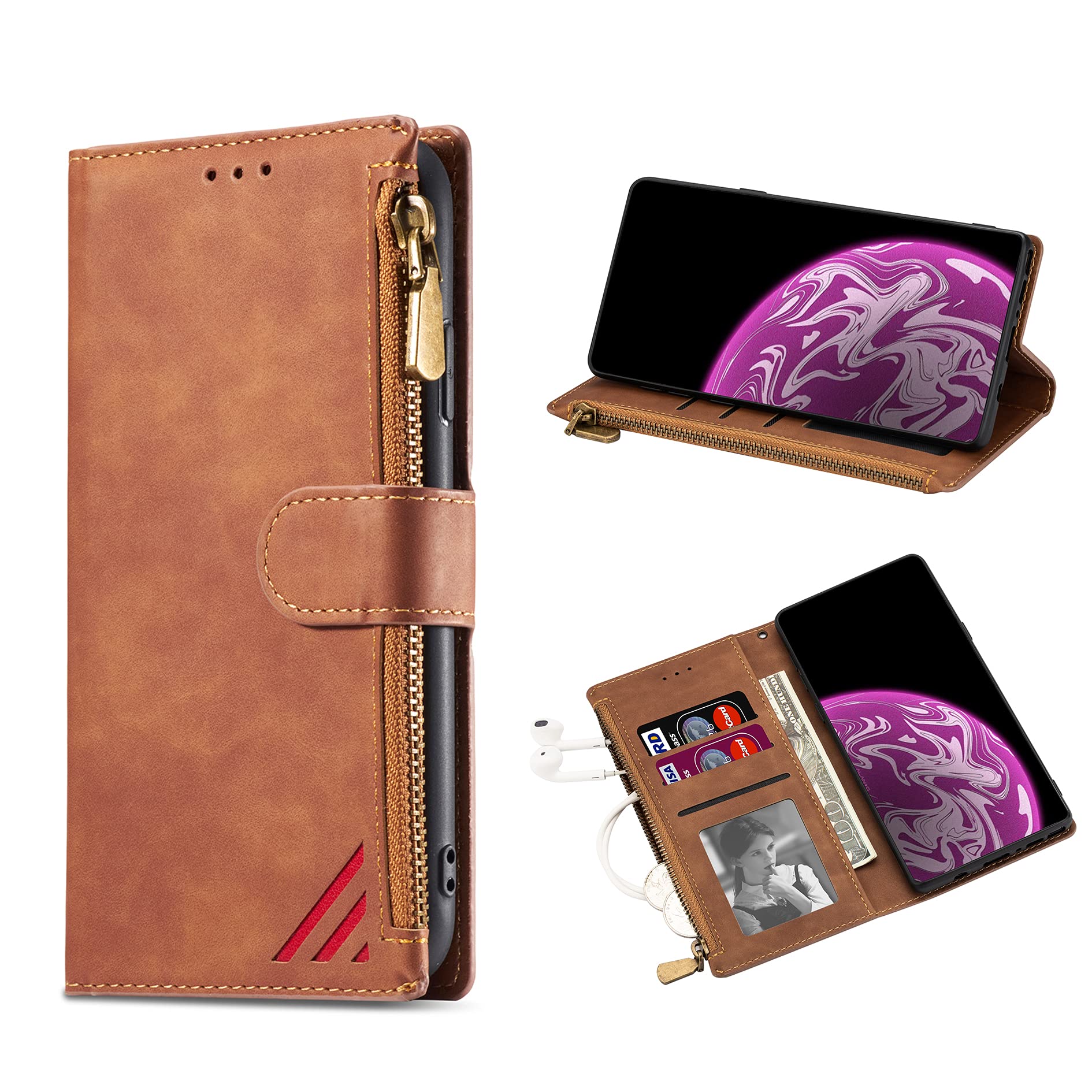 DEFBSC Case for Samsung Galaxy Note 20, Stitching Zipper Case Premium PU Leather Magnetic Closure Card Holder Slots Zipper Pocket Case with Wrist Strap TPU Shockproof Flip Case Cover - Brown