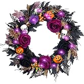 24 Inch Halloween Wreaths for Front Door,Ghost Wreath with Purple Lights and Timer, Black and Purple Roses, Pumpkins, Skulls and Spiderwebs
