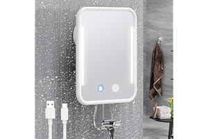 Gospire Heated Shaving Mirror for Shower Fogless with Light, Rechargeable Battery and Adjustable Brightness, Suction Cup and Razor Holder, Removable & NO-Drilling, Waterproof for Bathroom (White)