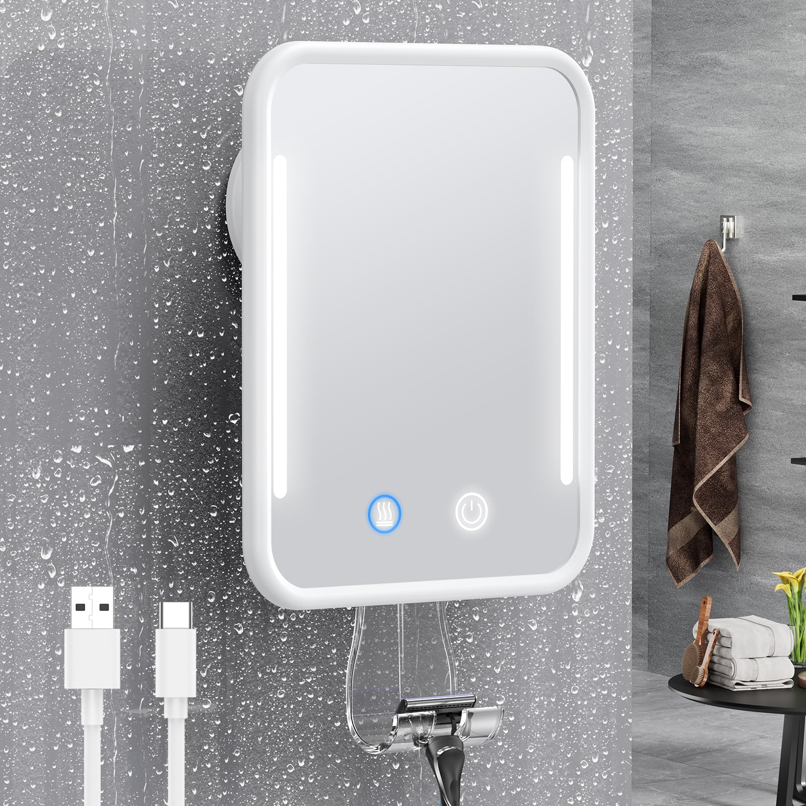 Photo 1 of **MAJOR DAMAGE** Gospire Heated Shaving Mirror for Shower Fogless with Light, Rechargeable Battery and Adjustable Brightness, Suction Cup and Razor Holder, Removable & NO-Drilling, Waterproof for Bathroom (White)