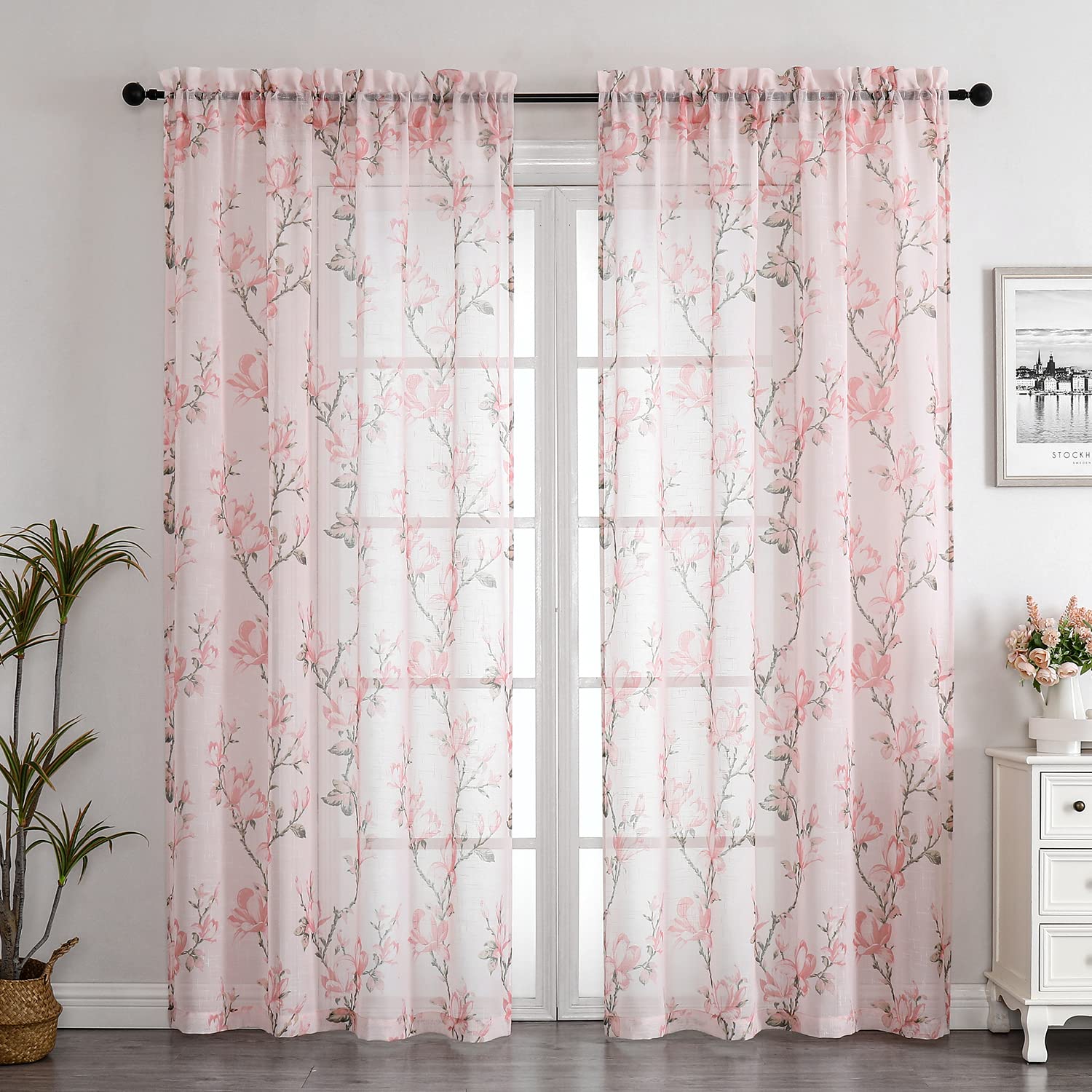 SMILE WEAVER Blush Pink Sheer Curtains 63 inch Length for Living Room,Floral Curtains Light Filtering Voile Linen Textured Rod Pocket Semi Sheer Window Drapes for Bedroom/Kitchen,2 Panels