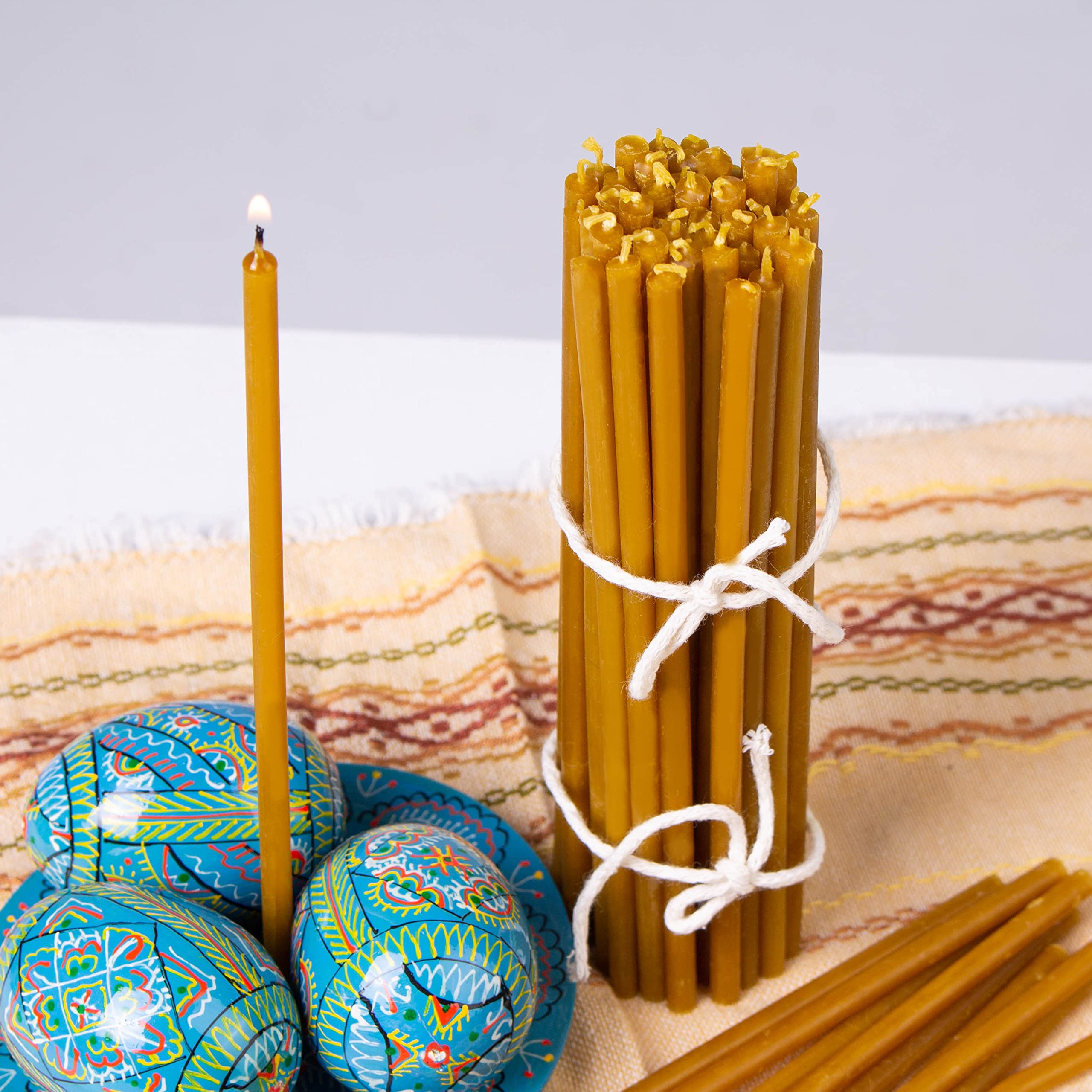 Photo 1 of 100% Beeswax Taper Candles 6.3x0.19' (50-Pack) - Honey Scented Tapers with Cotton Wicks - Deep Yellow Beeswax Candles for Catholic Unity Candle Set