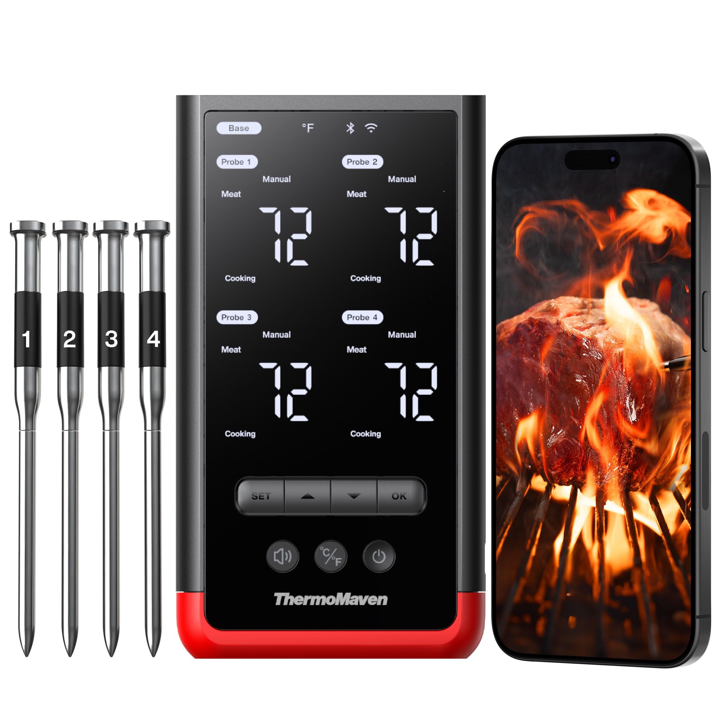ThermoMaven Bluetooth Wireless Meat Thermometer - 4 Probes IPX8 Waterproof 6 Sensors, 152m Bluetooth 5.3, Stable WiFi Unlimited Range, Smart Standalone Base for BBQ Grill Oven Smoker Air Fryer Kitchen