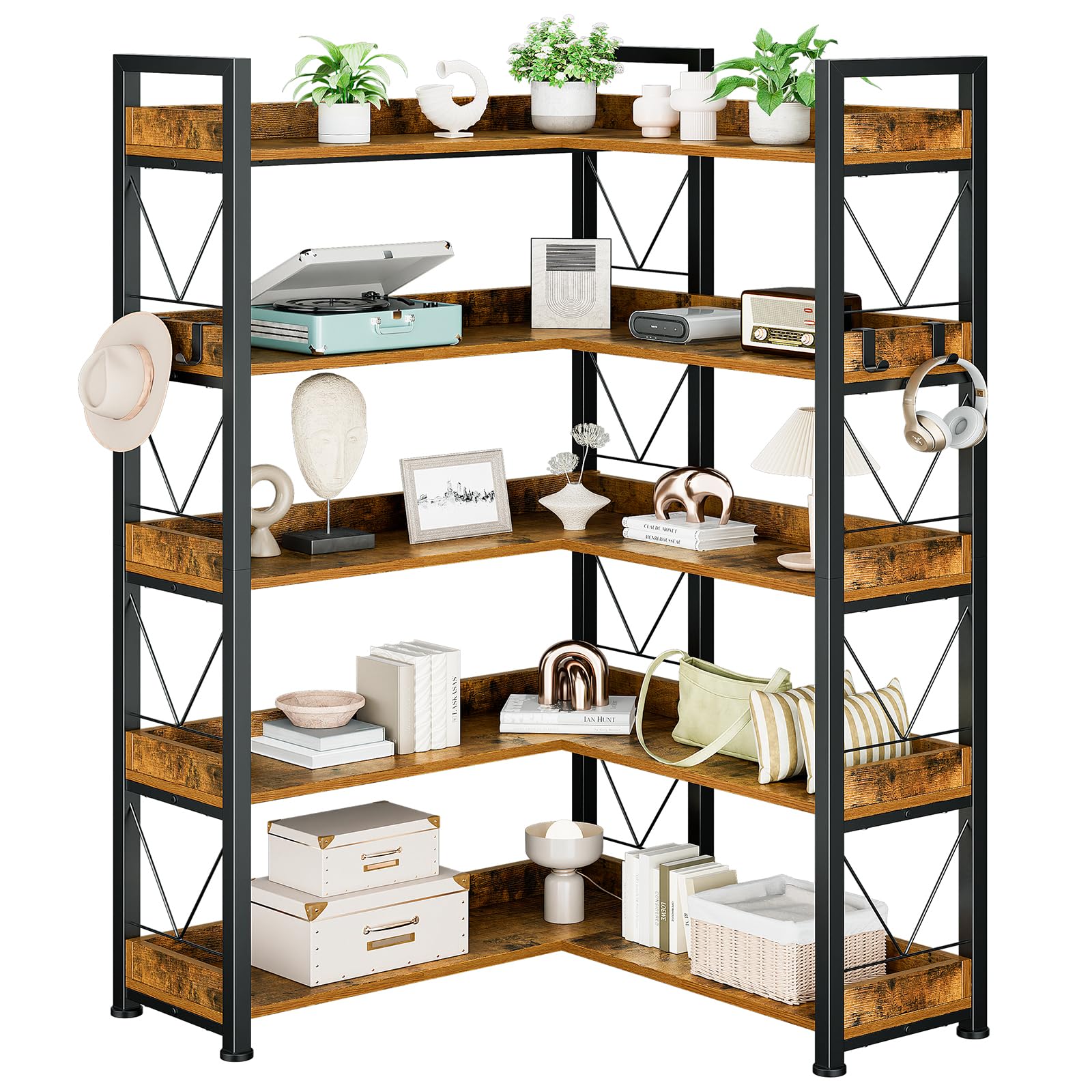 DUMOS 65 inch L Shaped Bookshelf, 5 Tier Corner Bookcase with Hooks and Edge, Industrial Pantry Shelves with Metal Frame, Wooden Open Storage for Living Room, Home Office, Bedroom, Rustic Brown Image