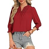 Funlingo Blouses for Women Dressy Casual 3/4 Length Sleeve Tops Ruffle V Neck Lace Shirt with Smocked Cuffs