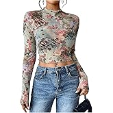 MakeMeChic Women's Mesh Top Lace Long Sleeve Tops Floral Mock Neck Vintage Tees Going Out Outfits