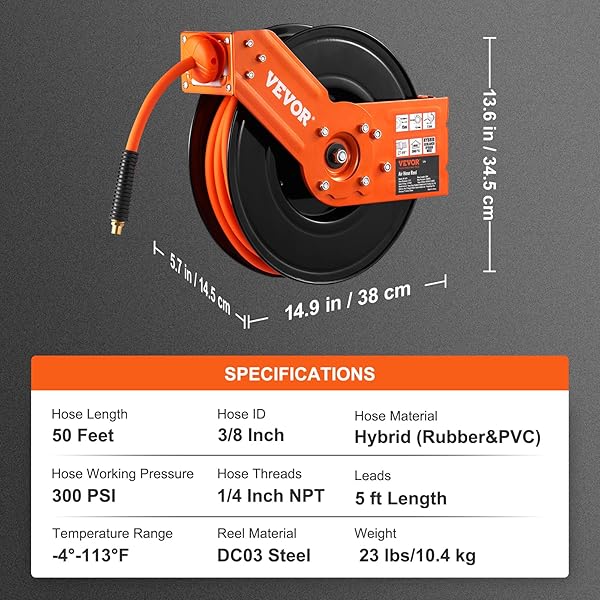 VEVOR RETRACTABLE AIR HOSE REEL, 3/8 IN X 50 FT HYBRID AIR HOSE MAX 300PSI, AIR COMPRESSOR HOSE REEL WITH 5 FT LEAD IN, CEILING/WALL MOUNT HEAVY DUTY SINGLE ARM STEEL REEL