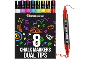 Zenacolor Liquid Chalk Markers - Dual Tips, 8 Vibrant Colors, Non-Toxic, Quick-Drying, Erasable for Blackboard, Windows, Glass, Cars - 24 Labels Included