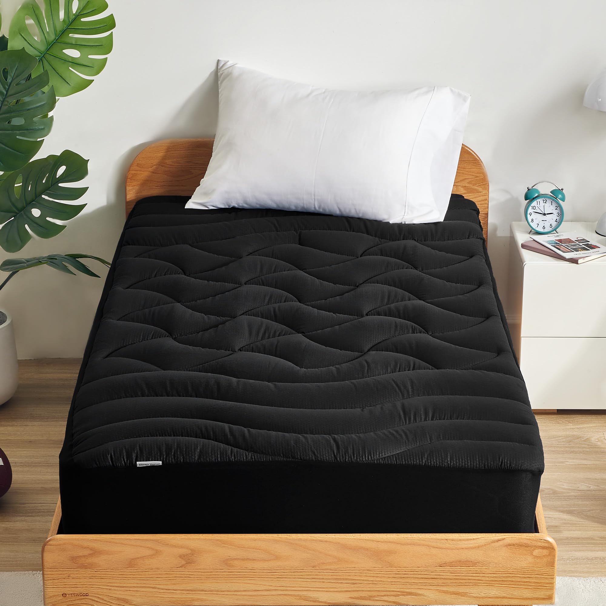 SLEEP ZONE Cooling Twin Mattress Topper for Single Bed, Premium Zoned Cool Mattress Pad Cover, Thick Padded Mattress Protector Breathable Washable, Deep Pocket 8-21" (Black, Twin)