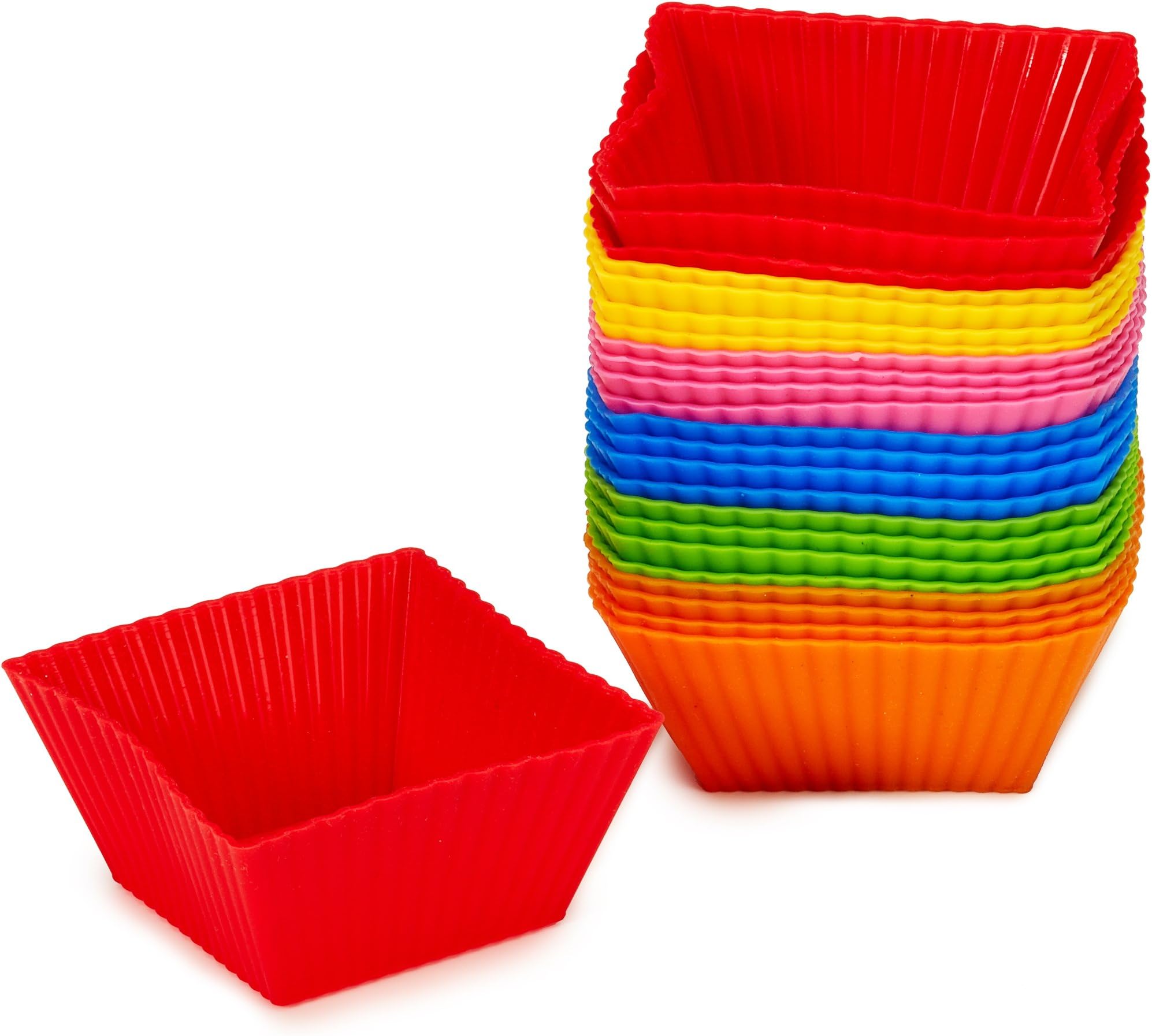 #1 Non Stick Square Silicone Cupcake Cups 24 Pack - Rainbow Bright Standard Silicone Reusable Heat Resistant Baking Cups - Cupcake Molds / Liners - 24 Count