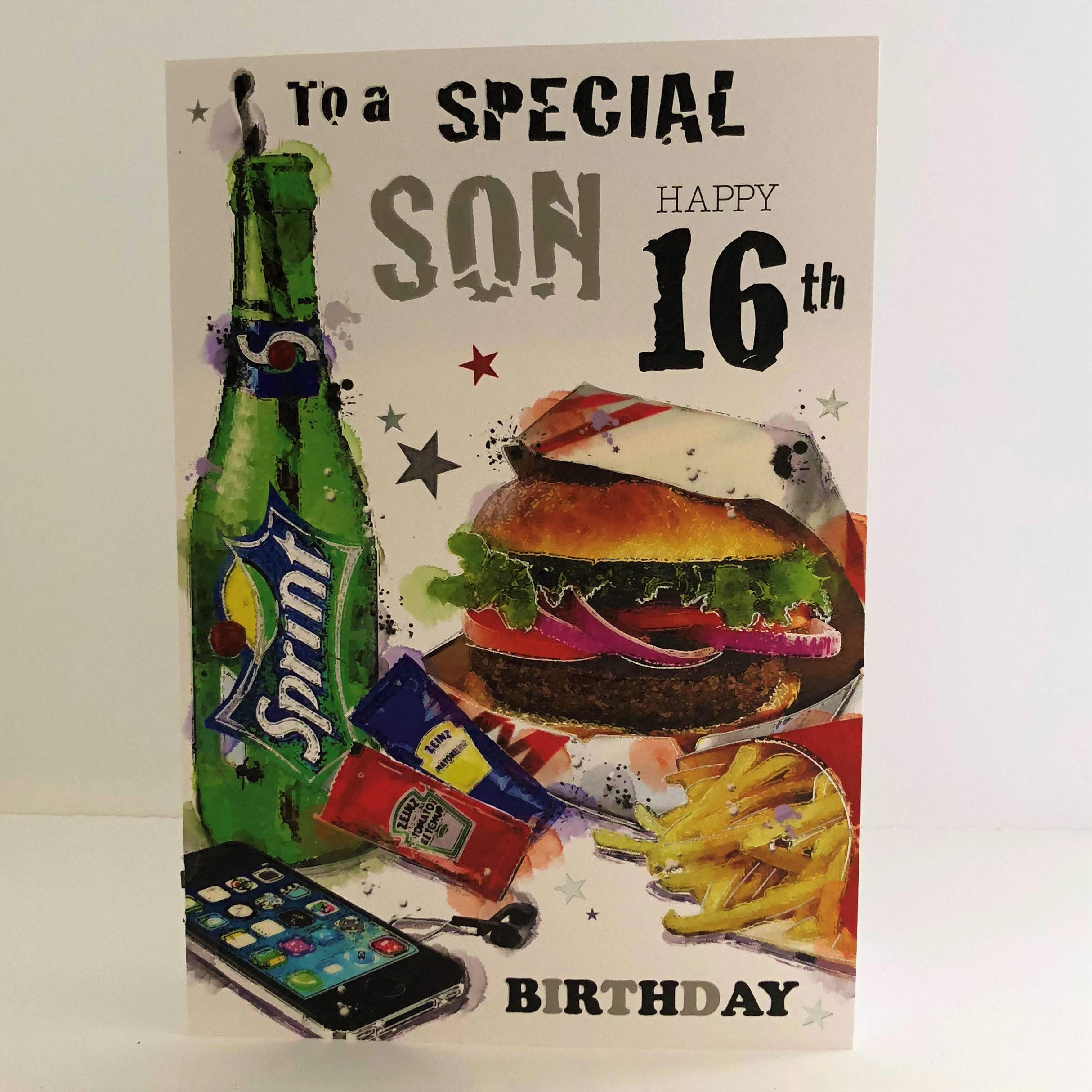 Jonny Javelin Happy Birthday Son Age 16 16th Birthday Card - Burger Chips Phone