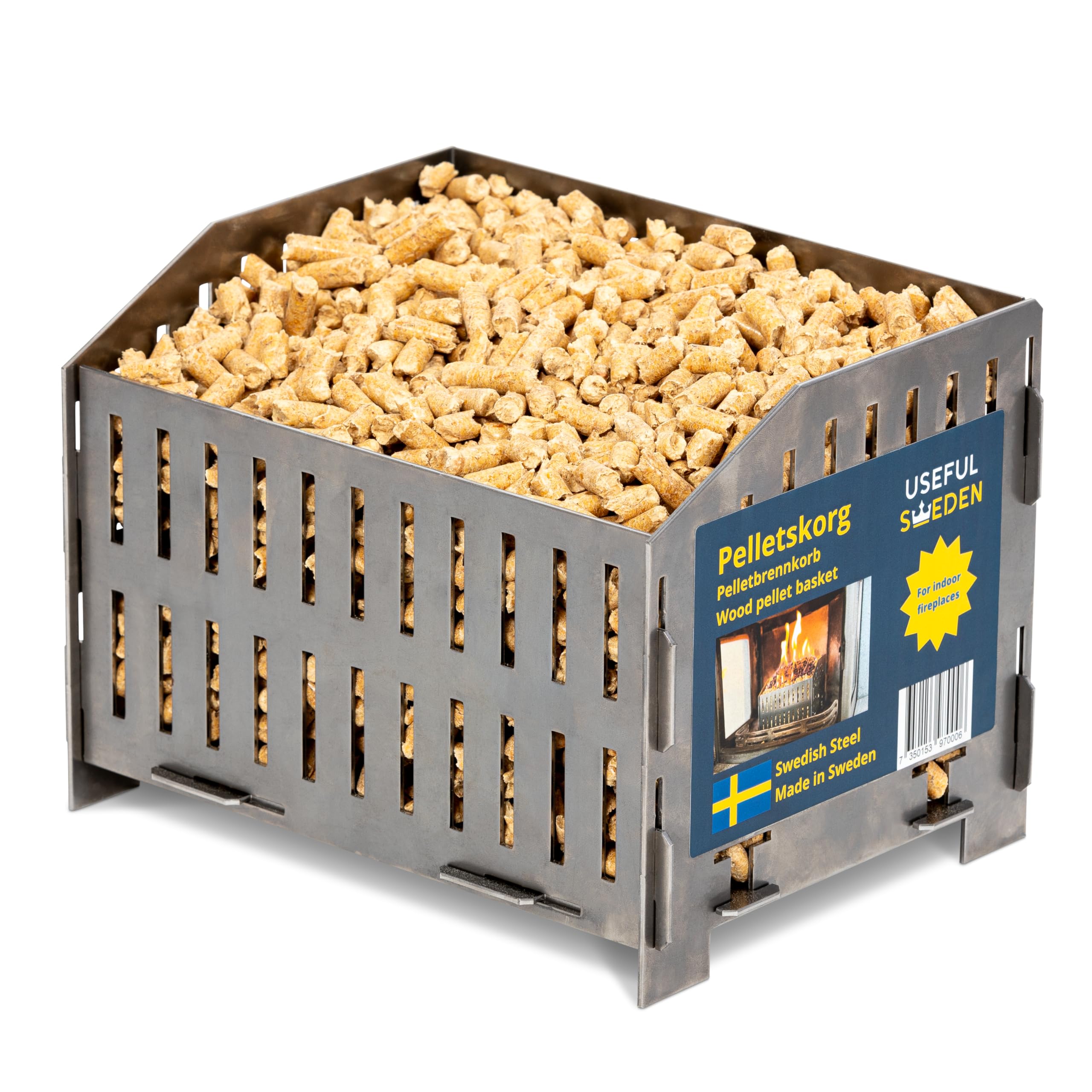 USEFUL SWEDEN Pellet Basket - Burn Wood Pellets in Wood Stove or Open Fireplace, 17,7 x 24,0 x 17,0 cm, 2kg Swedish Steel, Multiuse as Camping Stove or Firepit