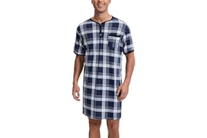 Yukiuiny Men Summer Short Sleeve Henley Nightshirt Knee Length Sleepwear with Chest Pocket