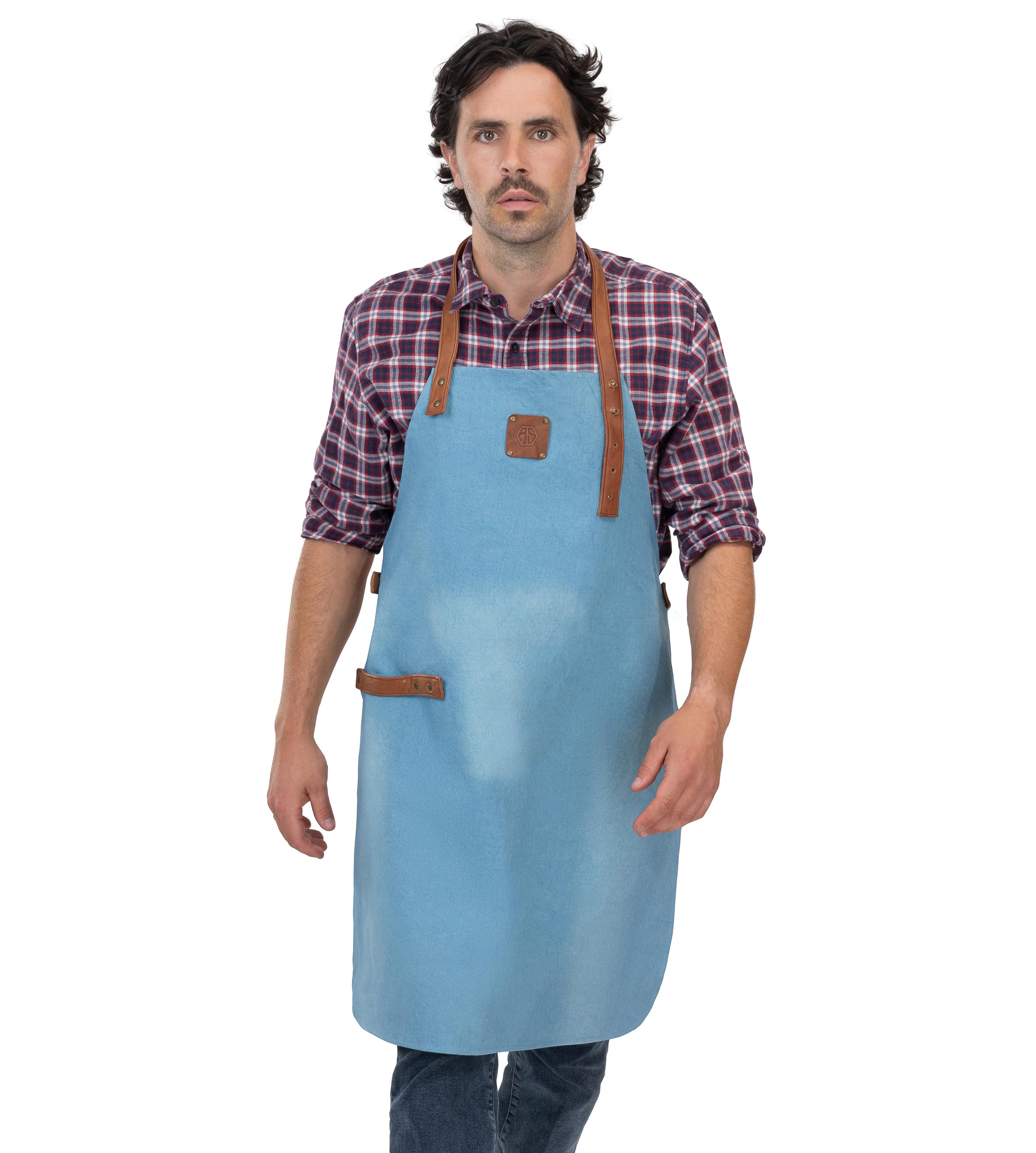 Angus Stoke Grill & Cooking Apron Made of Denim/Leather – Barbecue Apron Jeans Adjustable with Leather Straps Chefs Apron Nick (Blue)