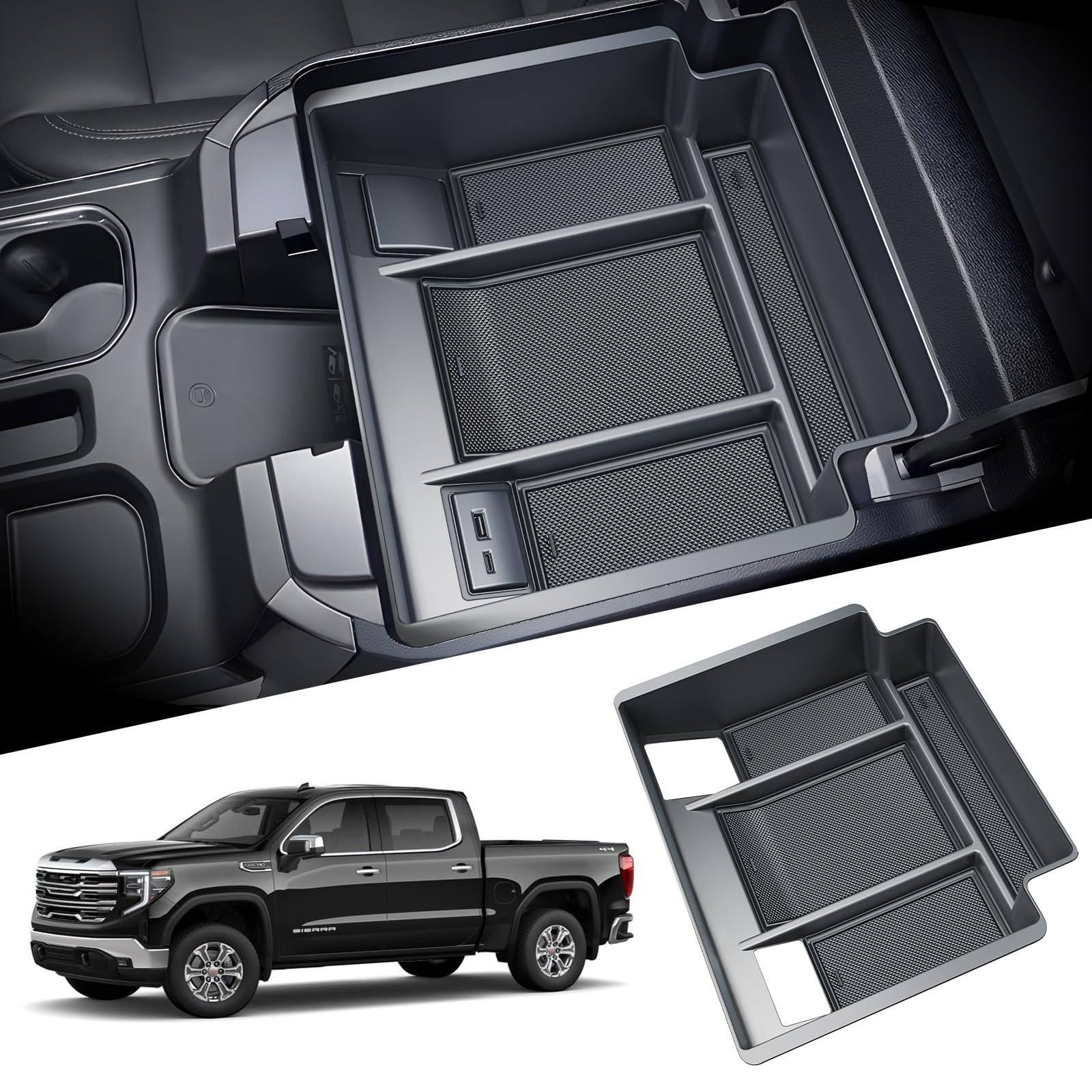 Photo 1 of For 2025 GMC Sierra Console Organizer - Refreshed Models 2022-2025 Sierra 1500& 2024-2025 Sierra 2500HD 3500HD Center Console Organizer Tray ABS Material - (Full Console w/Bucket Seats ONLY) -Black
