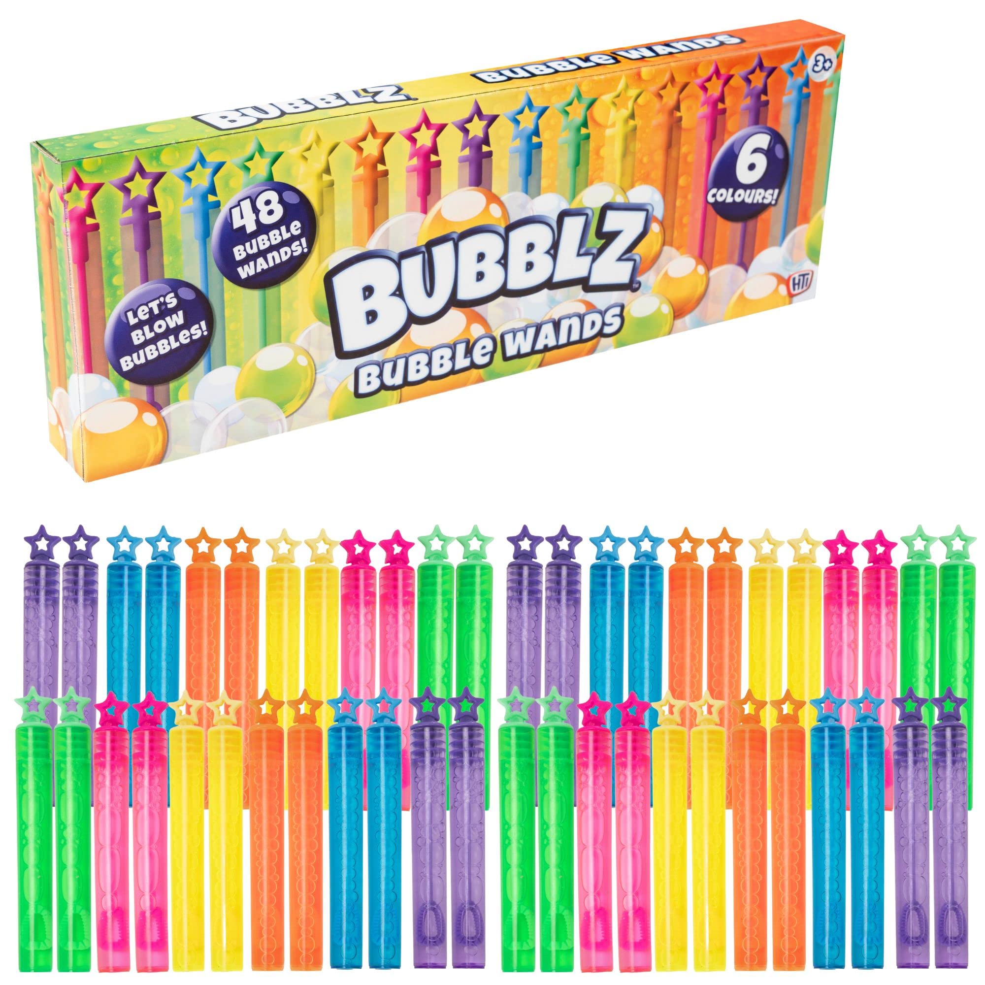 Bubblz 48 Pack Bubble Solution with Wands | Multi-Coloured Mini Bubble Mixture with Sticks | Party Bag Fillers for Kids | Perfect for Outdoor Play & Events | Bubble Toys for Children Ages 3+
