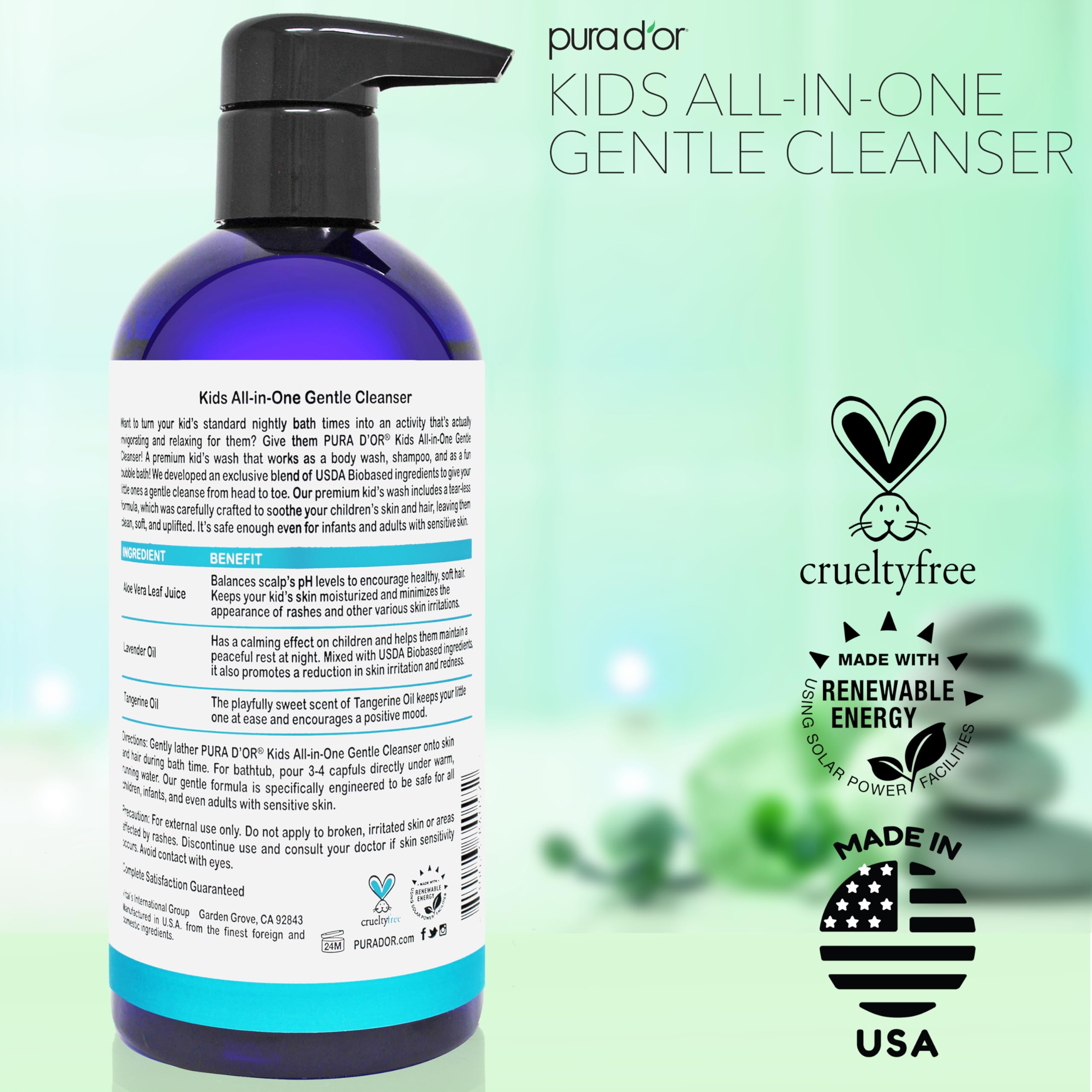 PURA D'OR 16 Oz Kids Wash - All-in-One Gentle Cleanser - USDA Biobased, Sulfate-Free, Tear-Less, Hypoallergenic, Premium, Shampoo & Bubble Bath