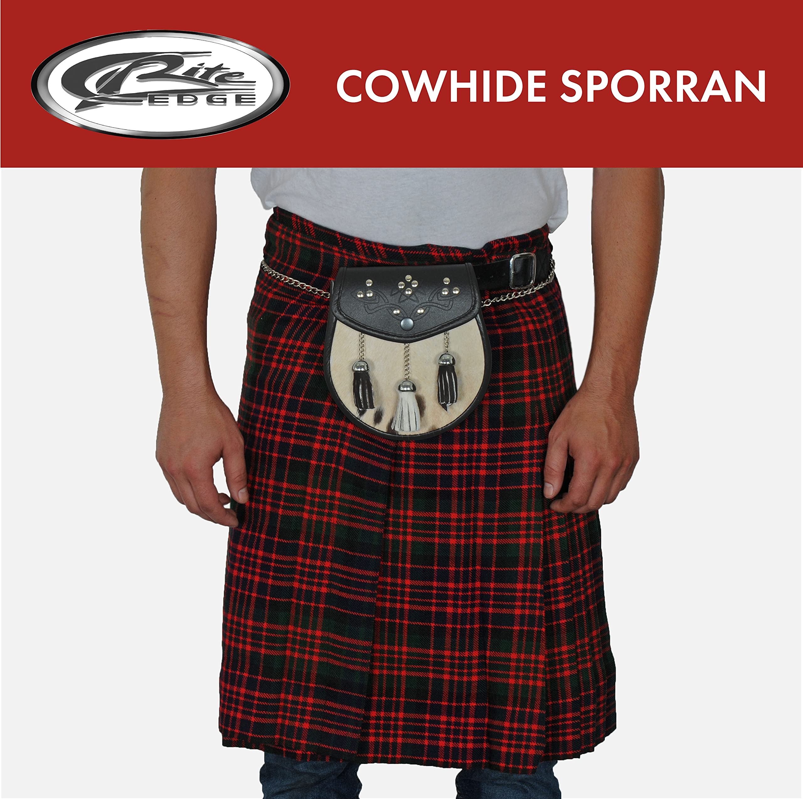 SZCO Medieval Sporran 8 Inch - Tasseled Cowhide Leather Pouch with 3 Tassels - Scottish Kilt Sporran with Chain Belt for Men - Medieval Bag for Costume & Renaissance Accessories