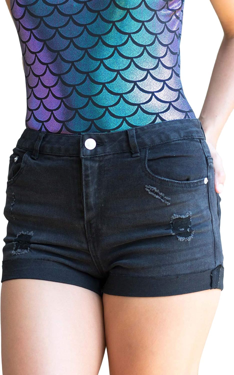 black cuffed denim shorts