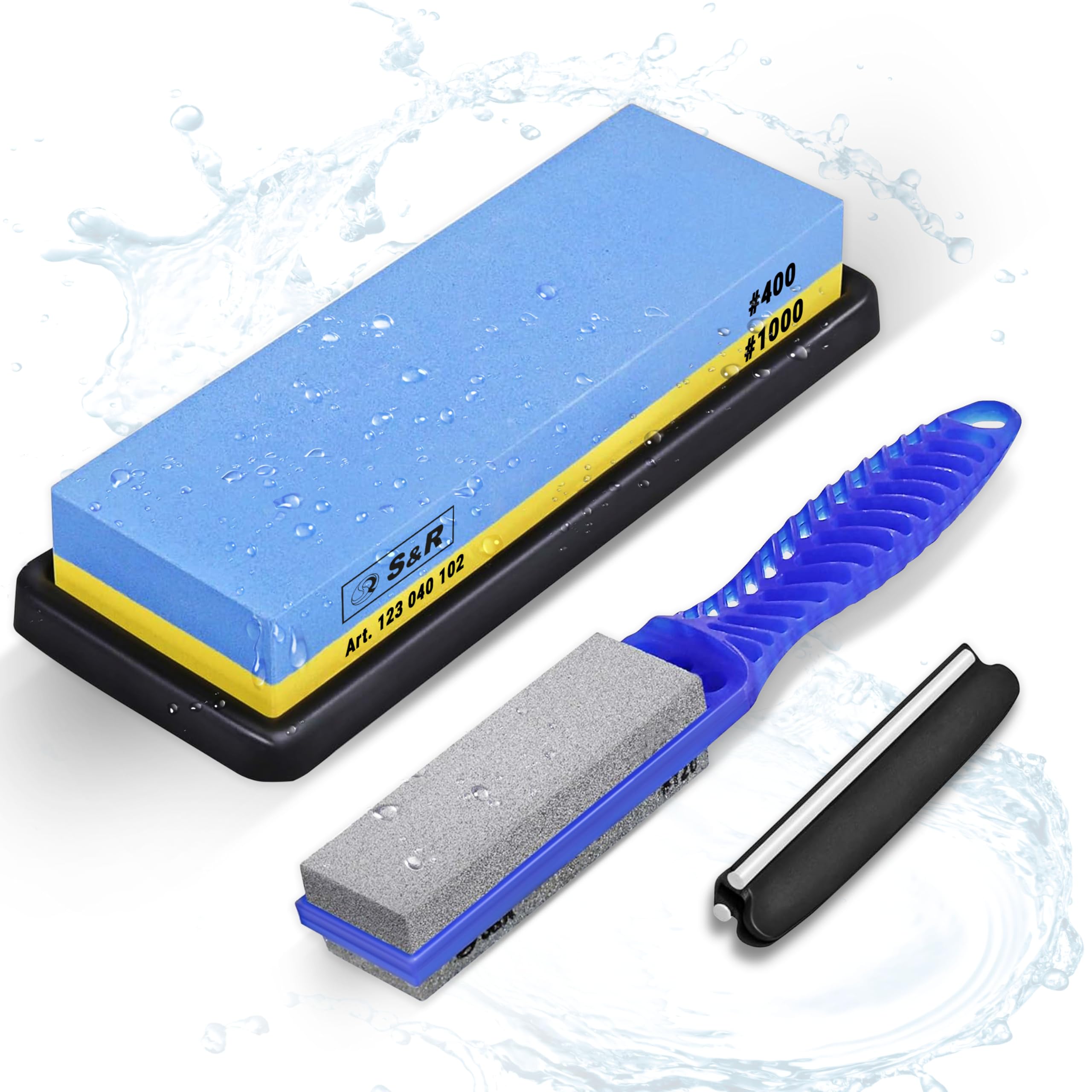 S&R Whetstone Sharpening Stone 4 Pcs.: 2-Sided Grinding Sharpener Grit 400/1000, with Silicone Holder, Angle Guide and Portable 2-Sided Grinding Stone Grit 120/240, 100% Corundum