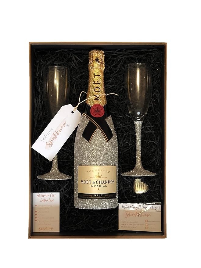 Sparkling Silver Moët and Chandon gift set hamper with two matching sparkling stem champagne
