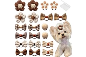 FGISAR 20 Pcs Small Dog Hair Bows with Rubber Bands Handmade Puppy Hair Bows Cute Grooming Flower Ball Bowknot Top Knot Dog Hair Accessories Hair Ties for Yorkie Maltese Pet (Brown)