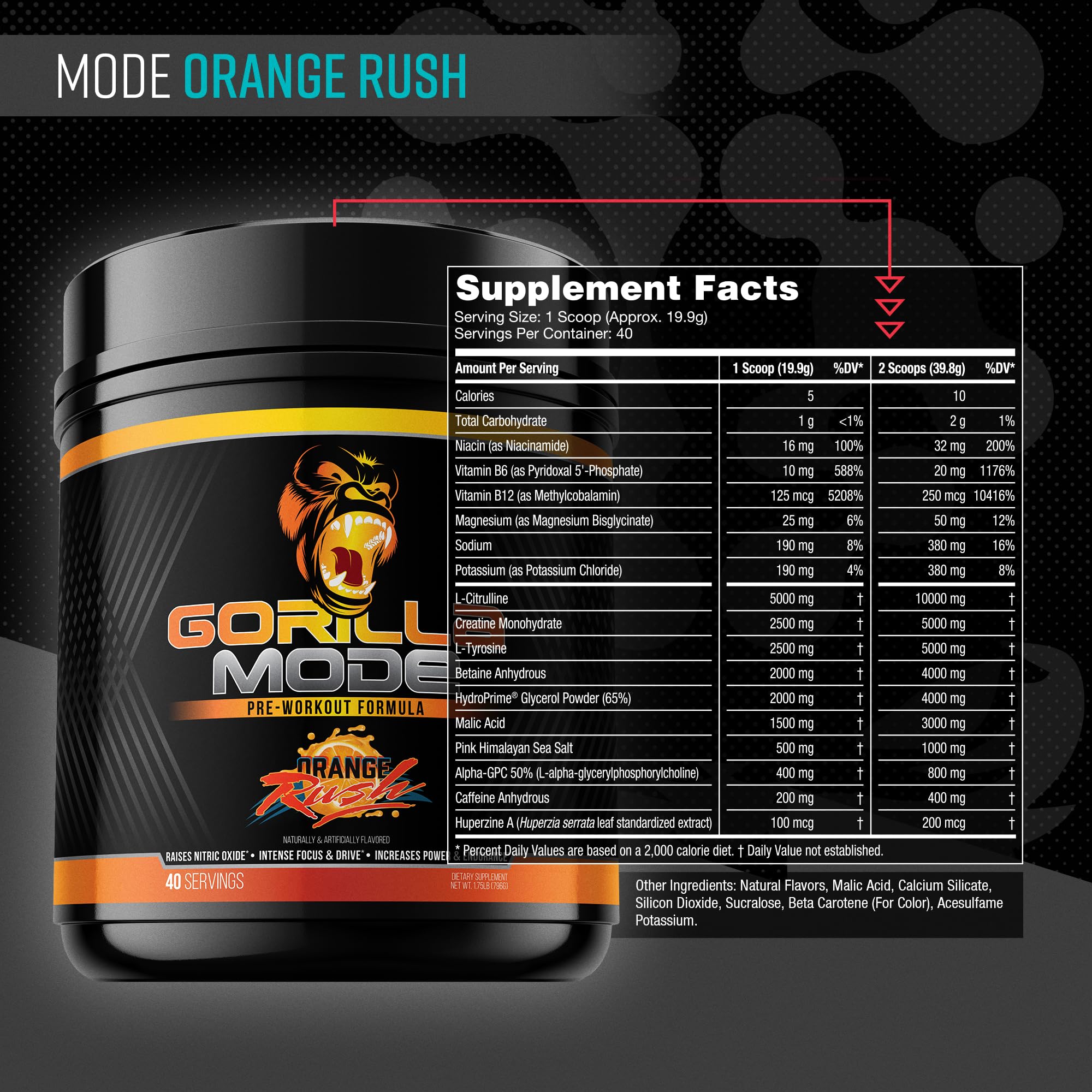 Gorilla Mind Pre Workout - Massive Pumps Laser Focus Energy Power - L-Citrulline, Creatine, L-Tyrosine, Betaine, Hydroprime, Alpha-GPC, 400mg Caffeine, Huperzine A - 796g (Orange Rush)