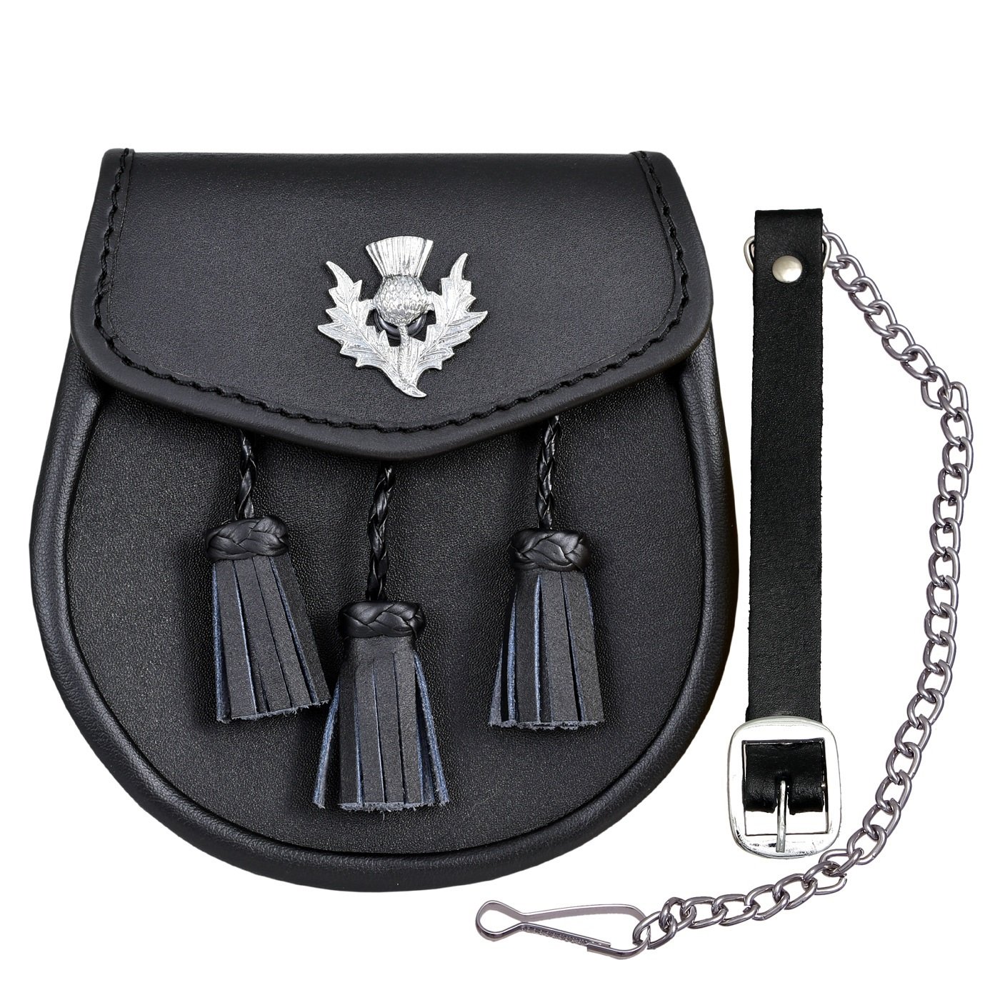 SHYNE KILTS U.K Thistle Casual Leather Sporran with Three Braided Tassels Genuine Leather Kilt Sporran