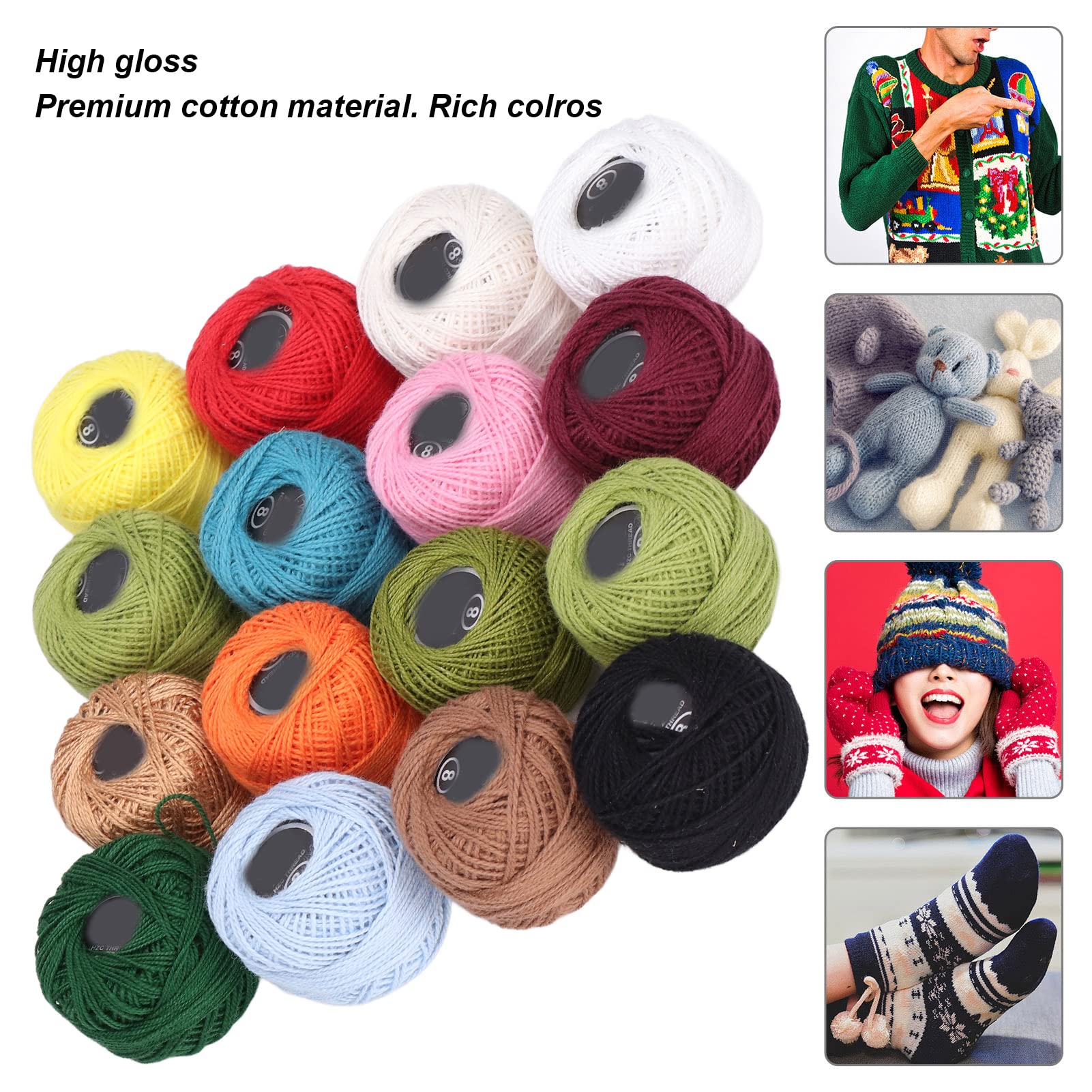 16Pcs Crochet Thread Set Balls, Colorful Cotton Crochet Yarn for Crocheting Hardanger Cross Stitch Needlepoint Hand Embroidery