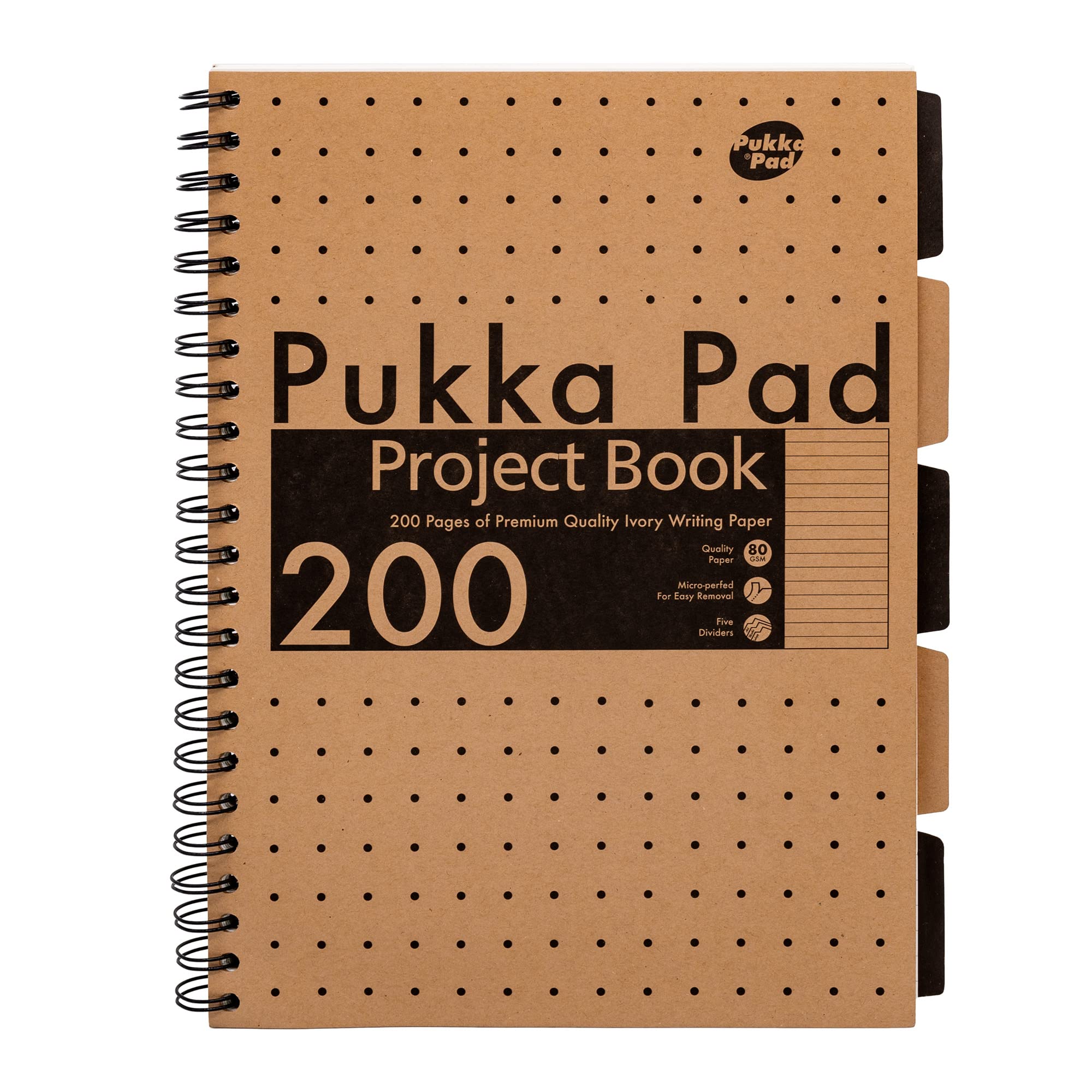 Pukka Pad A4 Kraft Project Book - 200 Pages with 5 Tabbed Dividers - Features Double Wire-Binding with Perforated Pages - 29.7 x 23cm - 80GSM Paper with 8mm Lines - 3 Pack