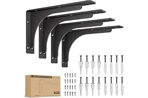 BATODA 10" x 6" L Bracket with Beam - Shelf Brackets Black 300 Lbs Capacity - Heavy Duty Shelving Brackets for Floating Shelves - Wall Mounted Support for DIY – Mounting Hardware Included (Pack 4)