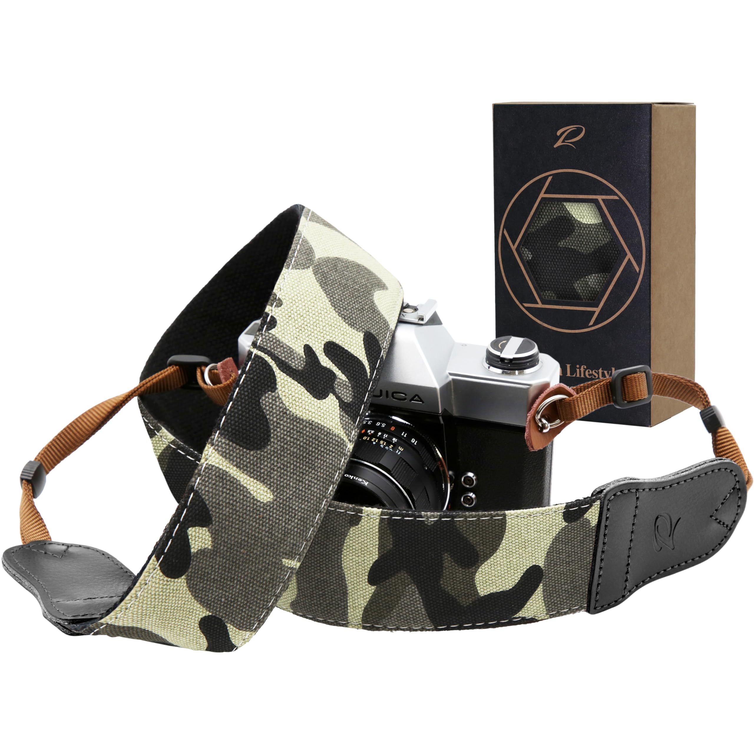 Padwa Lifestyle Camouflage Camera Strap - 2" Wide Cowhide Head, Embroidered Cotton Woven Vintage Camera Straps,Universal Neck & Shoulder Strap for All DSLR Cameras and Men & Women Photographers