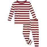 KicKee Pajama Set in Winter Holiday Prints, Long Sleeve Tee, Snug Fitting PJs, Family Matching Pajamas, Soft Viscose from Bamboo (Classic Candy Cane Stripe - 5 Years)