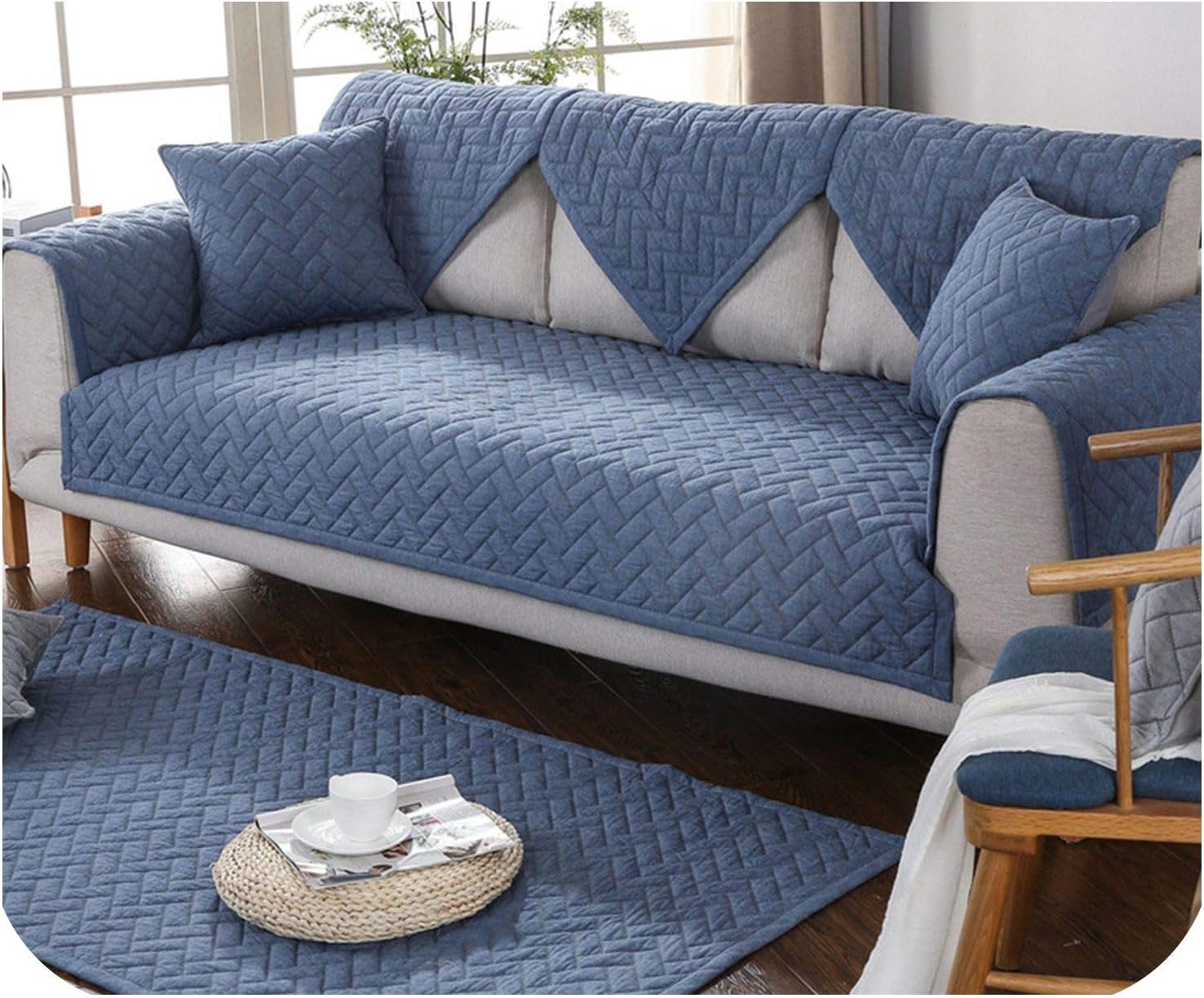 Modern Style Blue Quilted Sofa Slipcovers Cotton Sectional