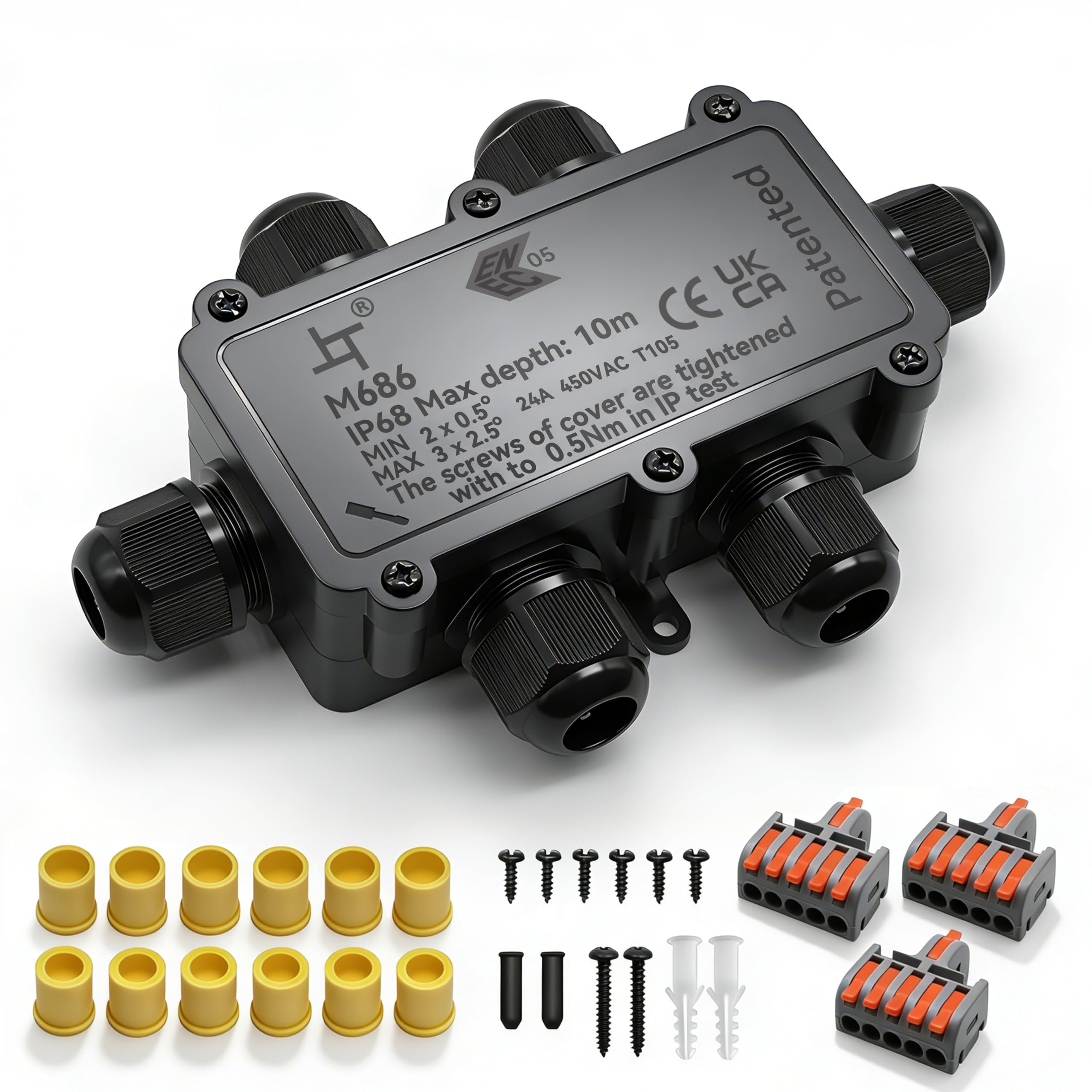 IP68 Waterproof Junction Box, HUYU 6-Way Outdoor Cable Connectors with M20 PG9 Glands Electrical Junction Box for Ø 5-12mm Ø 4-8mm - H6