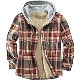 Derbars Men's Cotton Plaid Shirts Jacket Fleece Lined Flannel Shirts Sherpa Button Down Jackets with Hood for Men