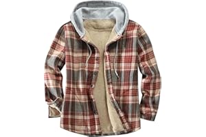 Derbars Men's Cotton Plaid Shirts Jacket Fleece Lined Flannel Shirts Sherpa Button Down Jackets with Hood for Men