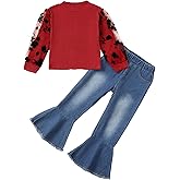 Kucnuzki Toddler Girl Clothes Cute Kids Clothes Long Sleeve Shirts Top Bell Bottom Denim Jeans Pants 2 Piece Matching Outfits